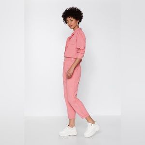 Nasty Gal pink denim jumpsuit boiler suit size small Barbiecore
